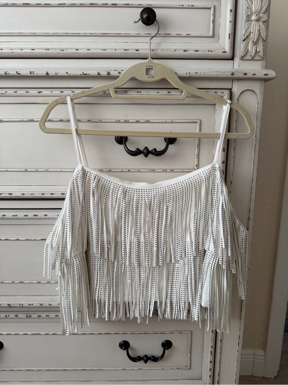 White Fringe Spaghetti-Strap Crop Top